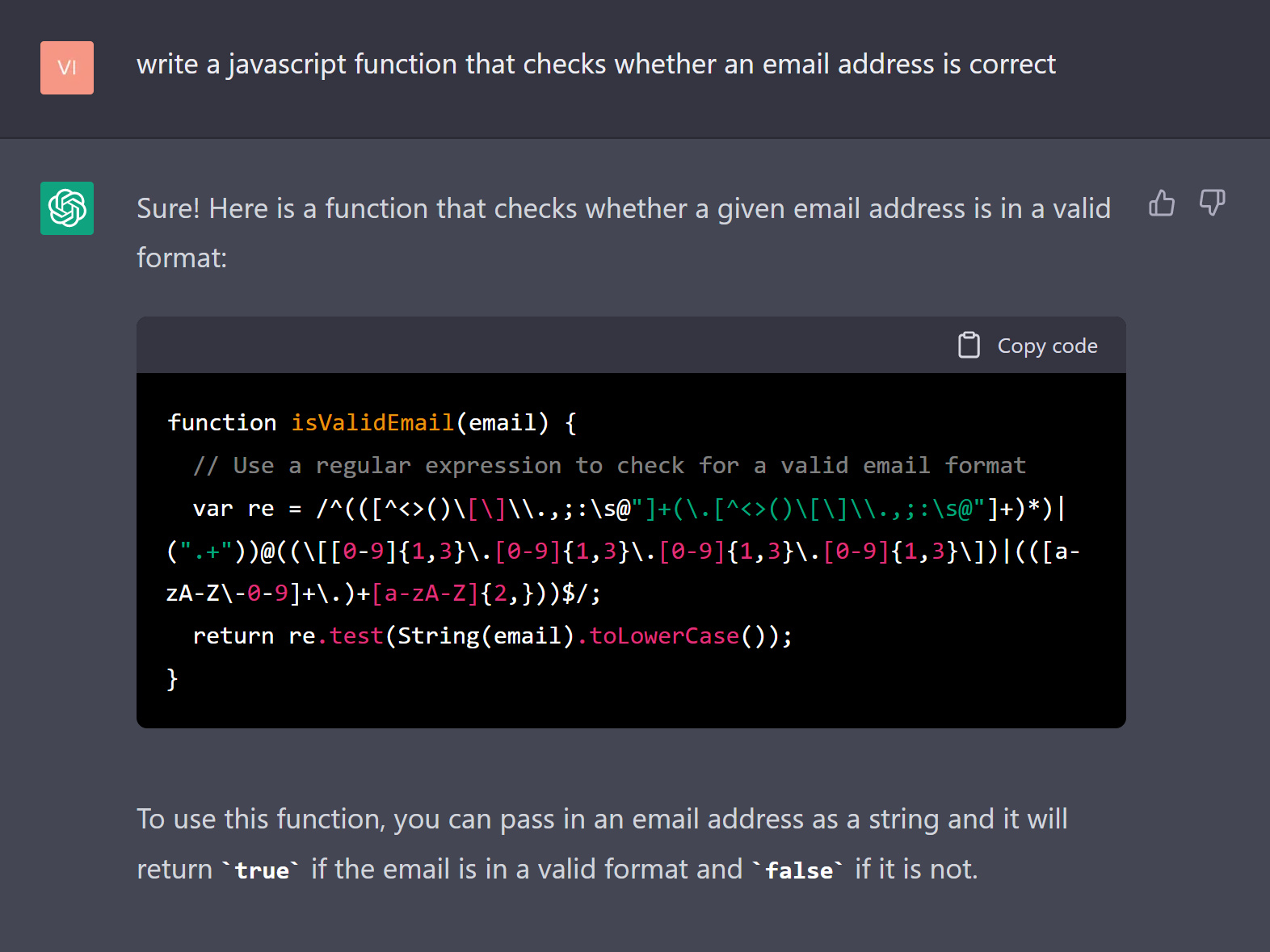 ChatGPT Javascript Coding Session: write a function to test whether an email address is corect